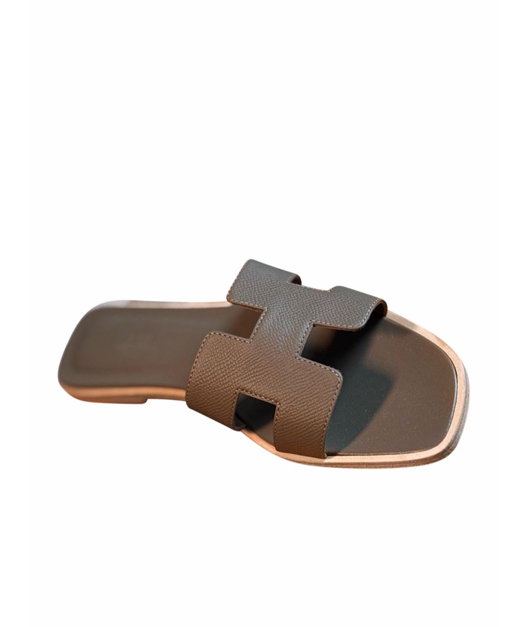 HERMES Серые кожаные шлепанцы, фото 1