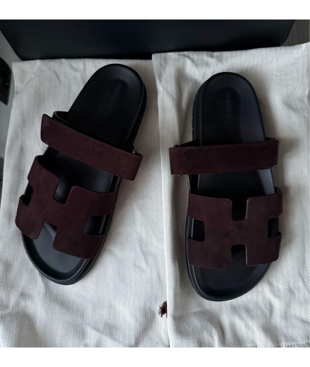 HERMES Коричневые замшевые шлепанцы, фото 3