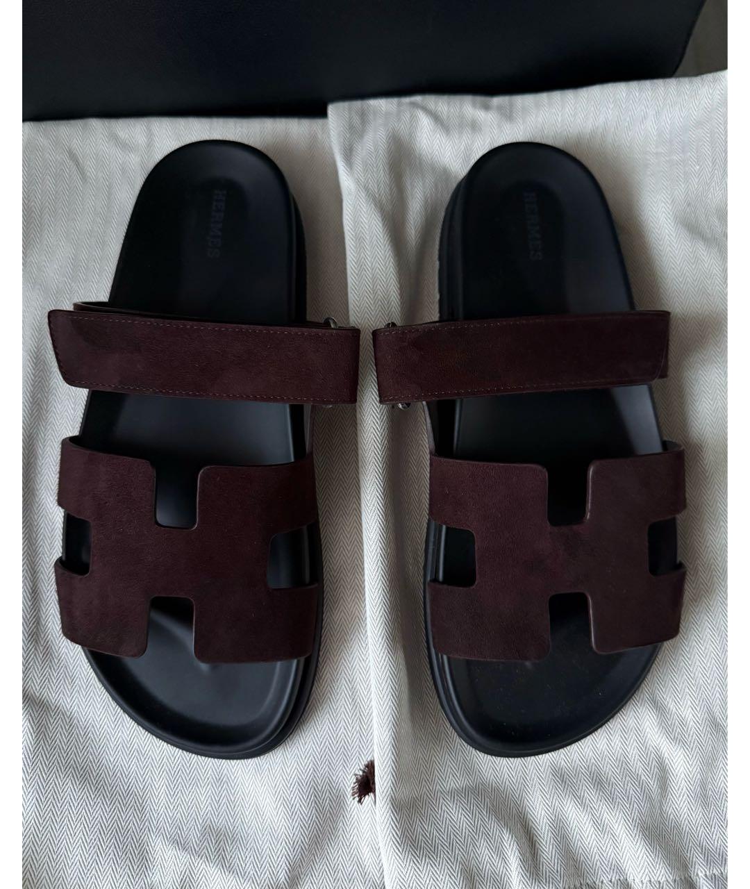 HERMES Коричневые замшевые шлепанцы, фото 4