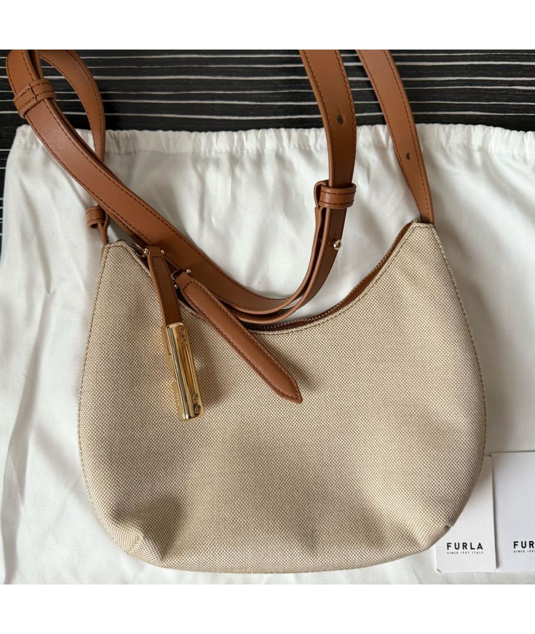 FURLA Бежевая тканевая сумка с короткими ручками, фото 6