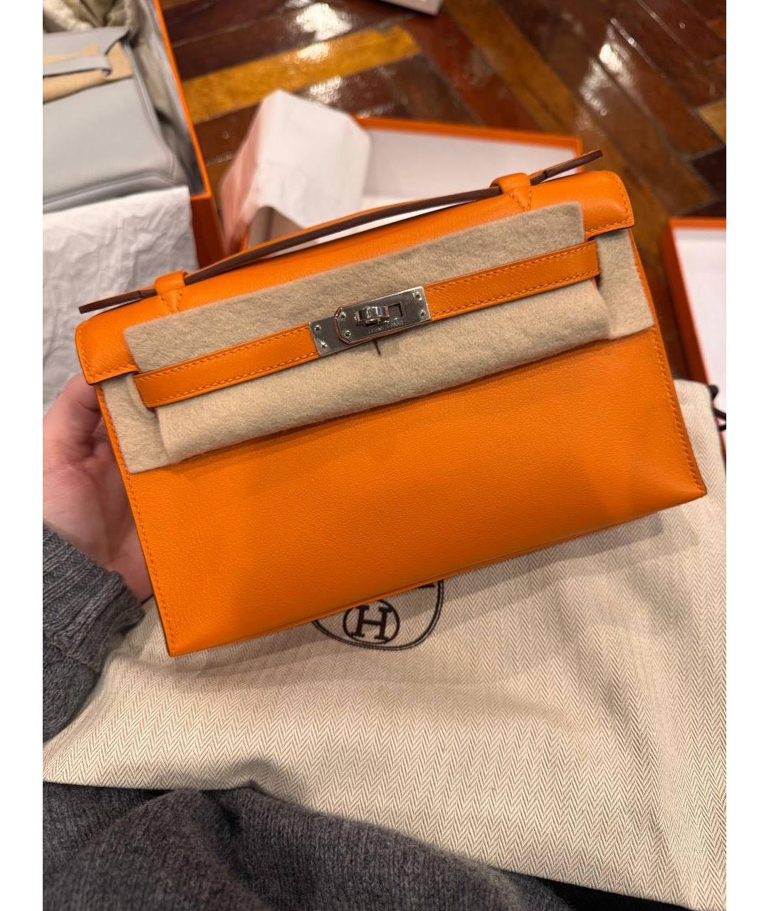 HERMES Оранжевая кожаная сумка с короткими ручками, фото 6