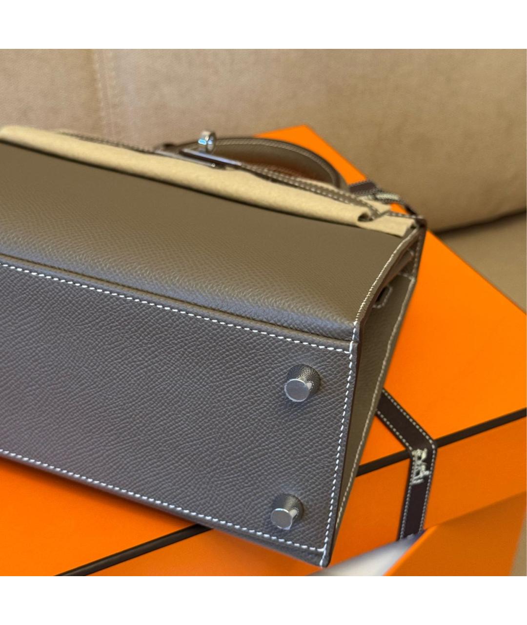 HERMES Серая кожаная сумка с короткими ручками, фото 7