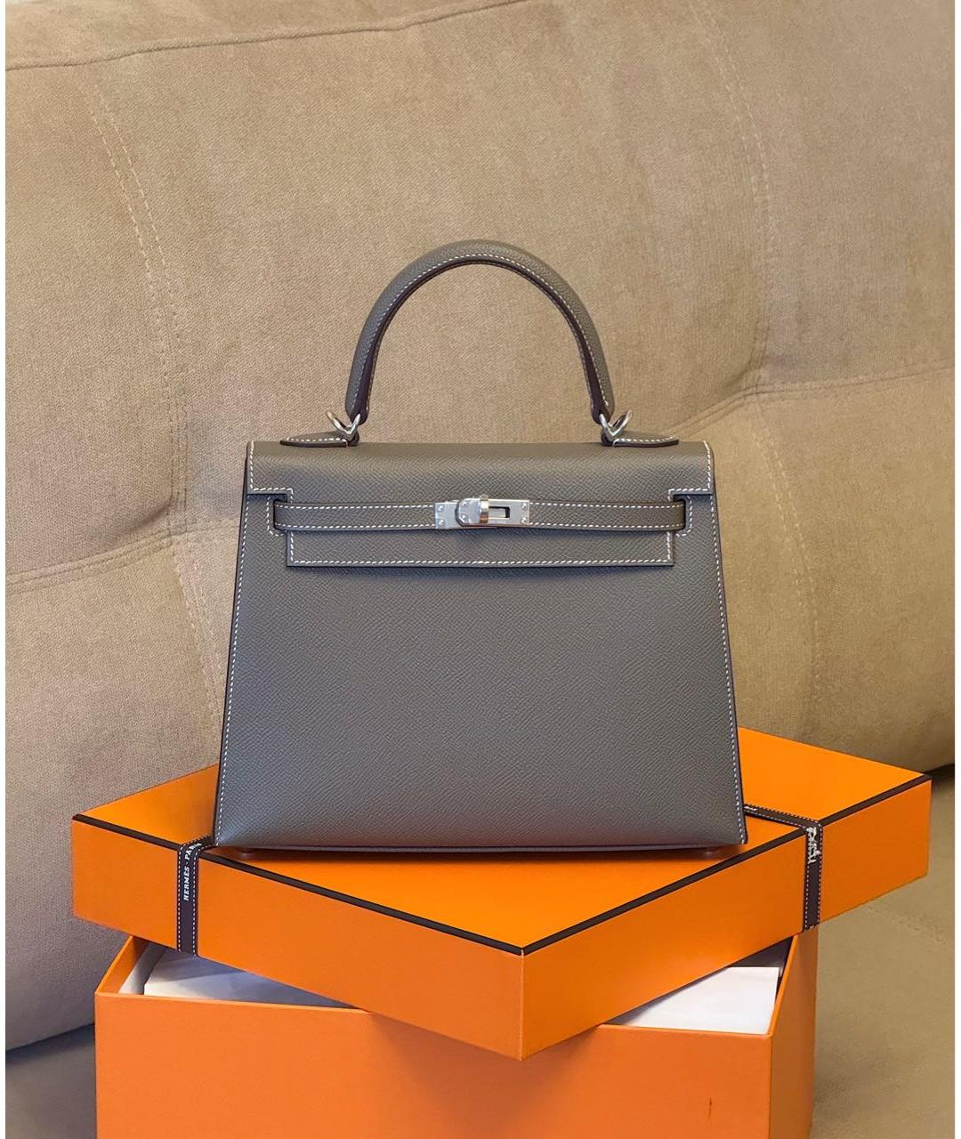 HERMES Серая кожаная сумка с короткими ручками, фото 3