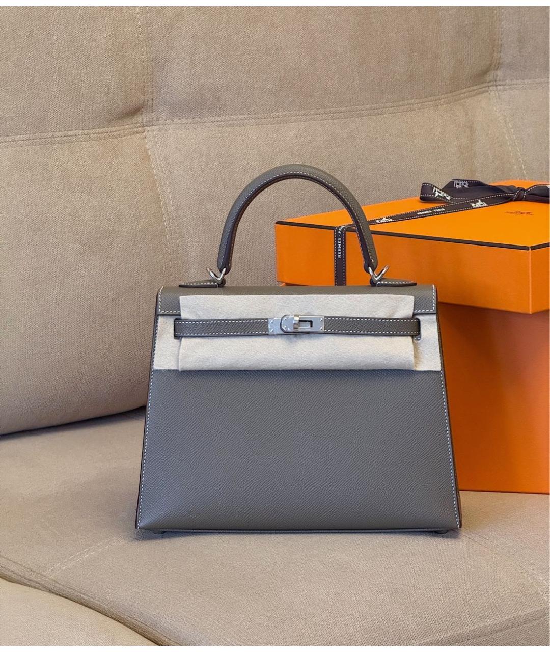 HERMES Серая кожаная сумка с короткими ручками, фото 8