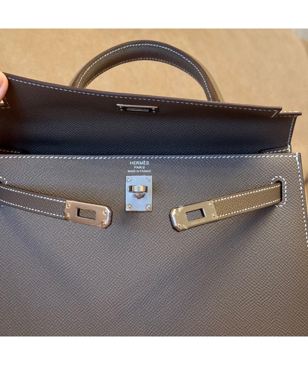 HERMES Серая кожаная сумка с короткими ручками, фото 6