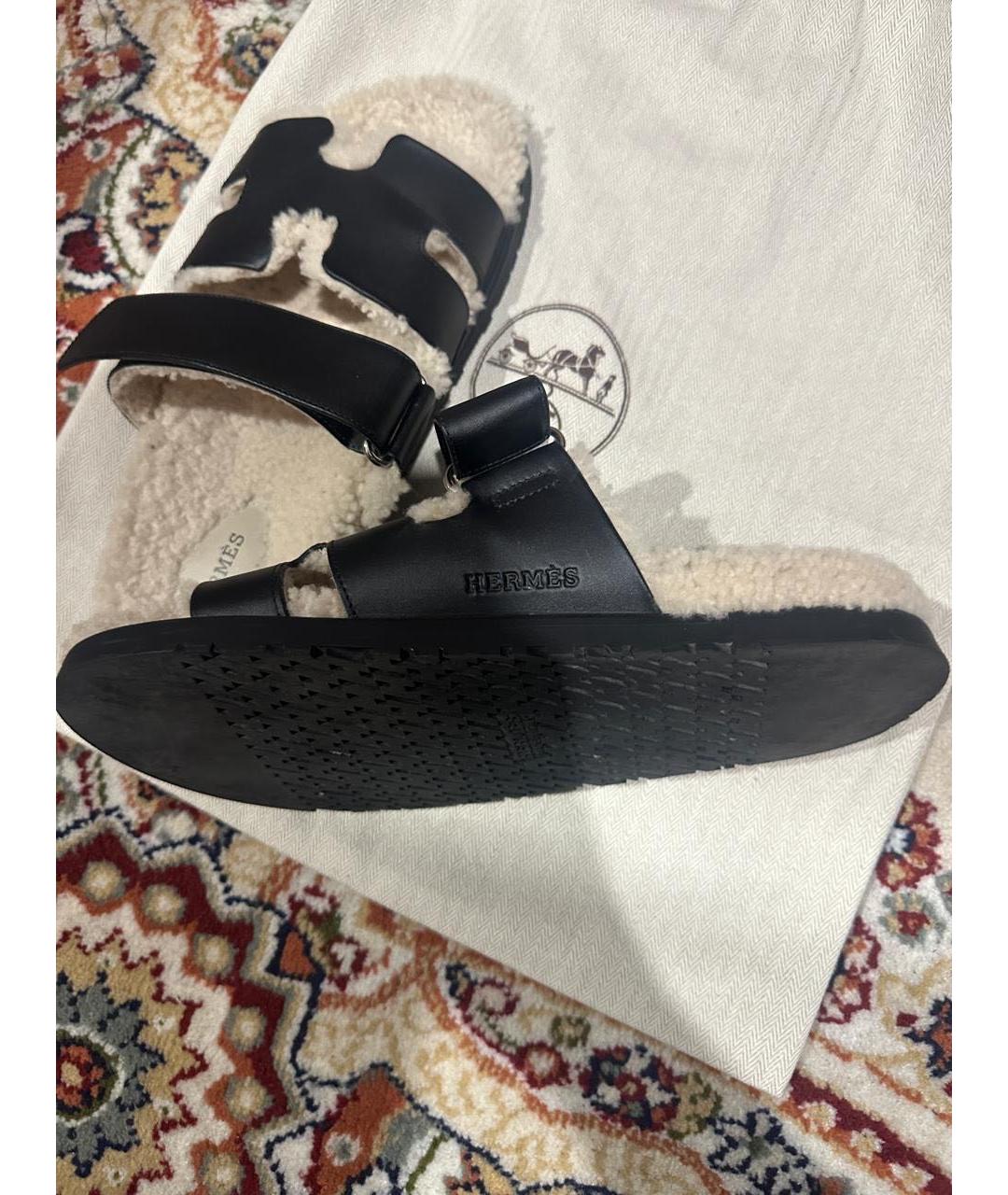HERMES Черные кожаные шлепанцы, фото 2
