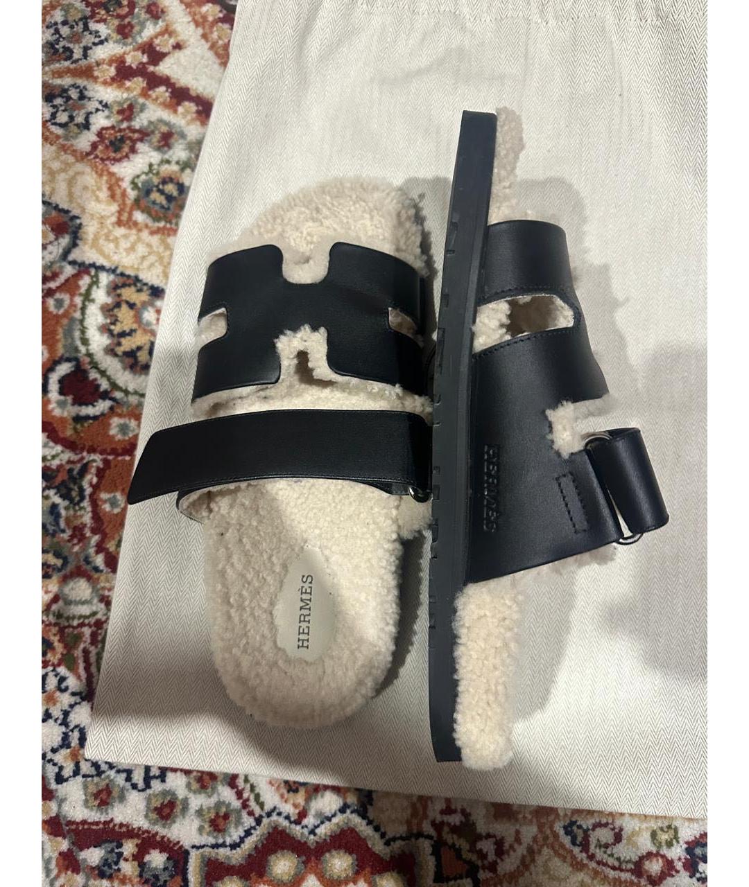 HERMES Черные кожаные шлепанцы, фото 5