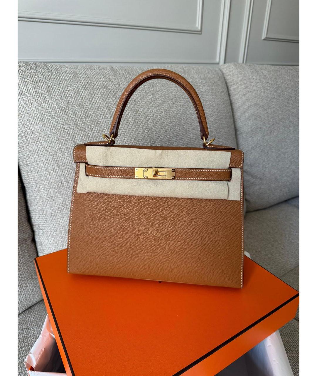 HERMES Горчичная кожаная сумка с короткими ручками, фото 3