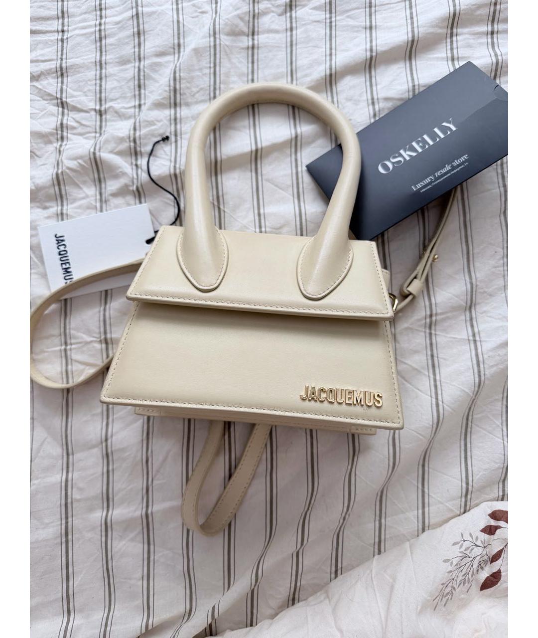 JACQUEMUS Бежевая кожаная сумка с короткими ручками, фото 5