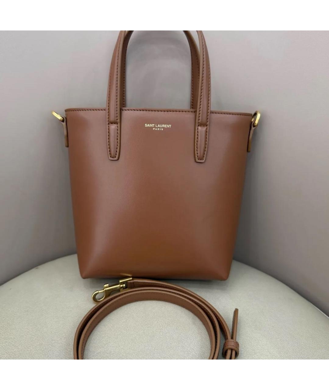 SAINT LAURENT Коричневая кожаная сумка тоут, фото 7