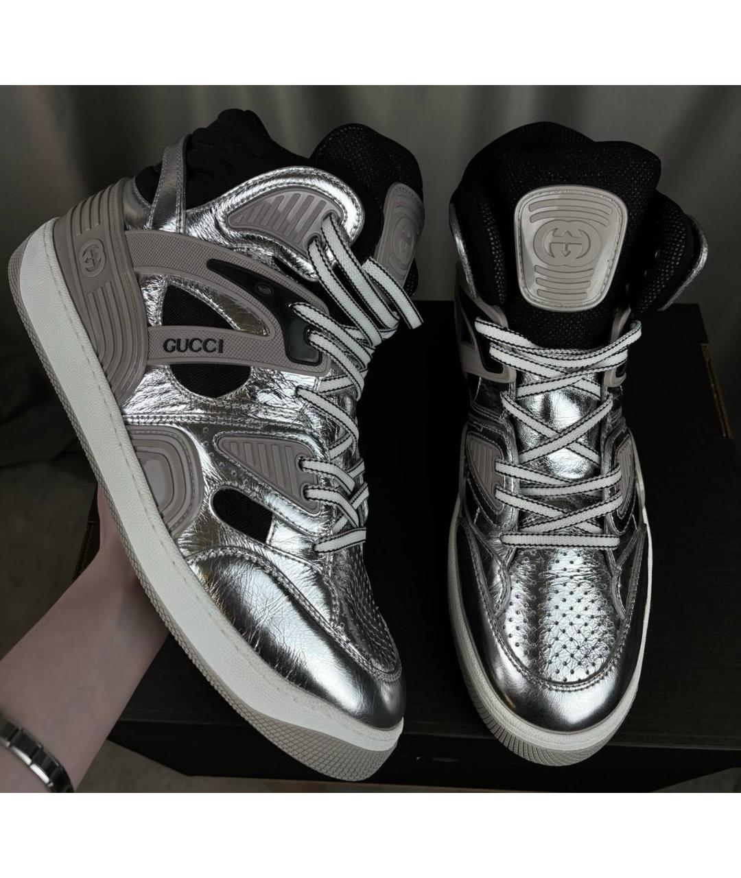 GUCCI Серебряные кожаные высокие кроссовки / кеды, фото 7
