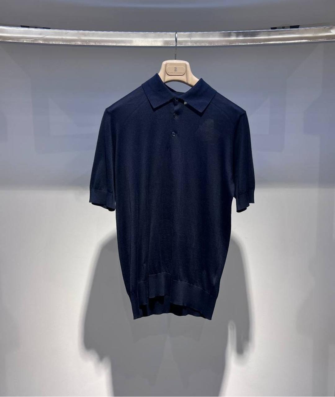 BRUNELLO CUCINELLI Темно-синее хлопковое поло с коротким рукавом, фото 3