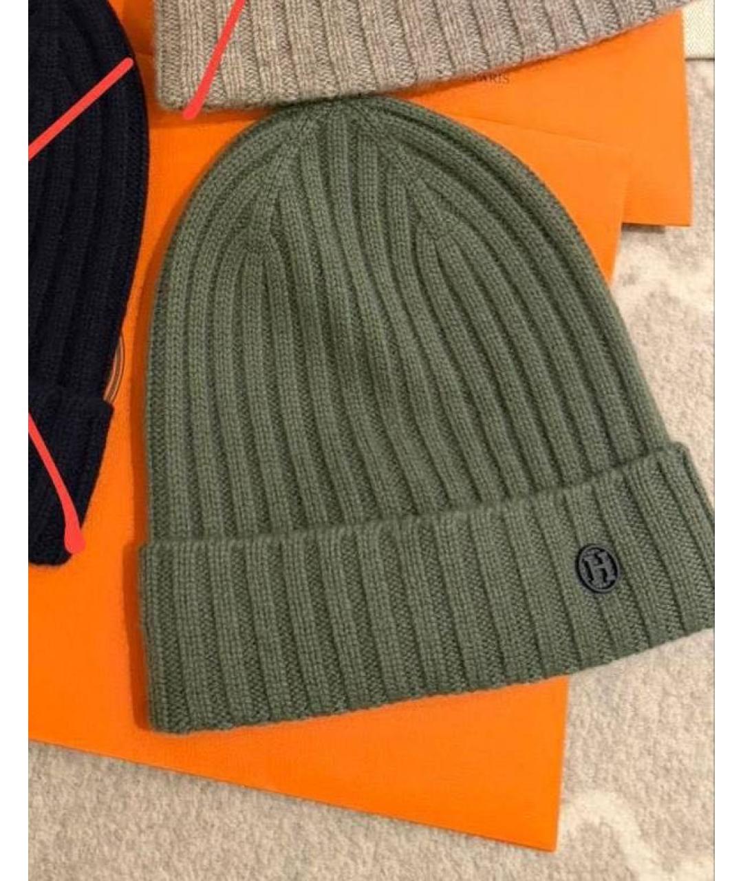 HERMES Хаки кашемировая шапка, фото 3