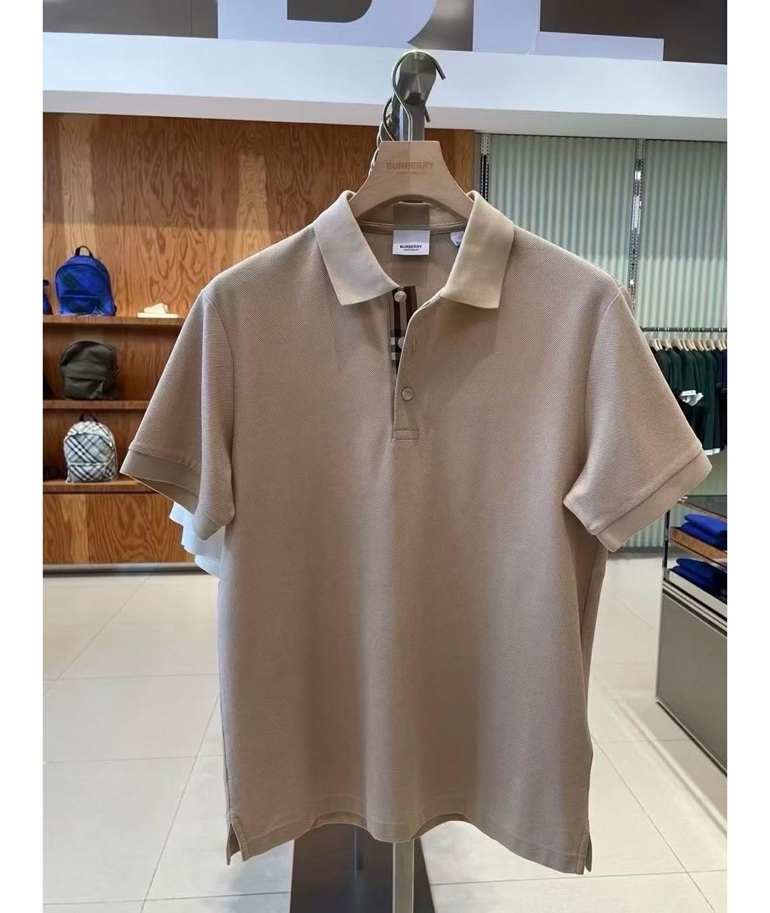 BURBERRY Бежевое хлопко-эластановое поло с коротким рукавом, фото 5