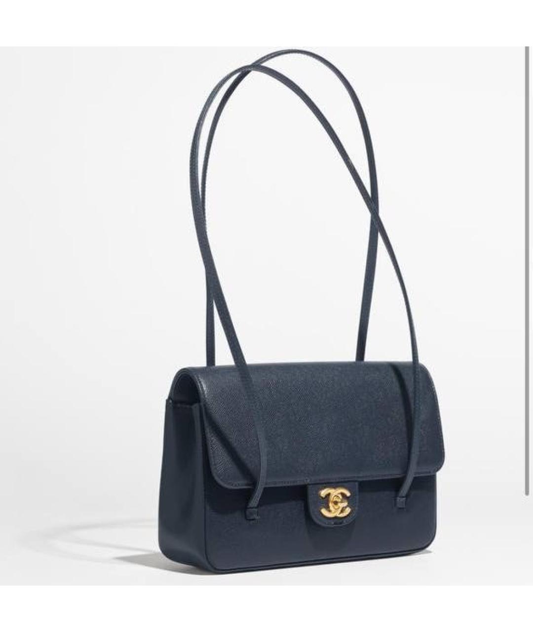 CHANEL Темно-синяя кожаная сумка с короткими ручками, фото 2