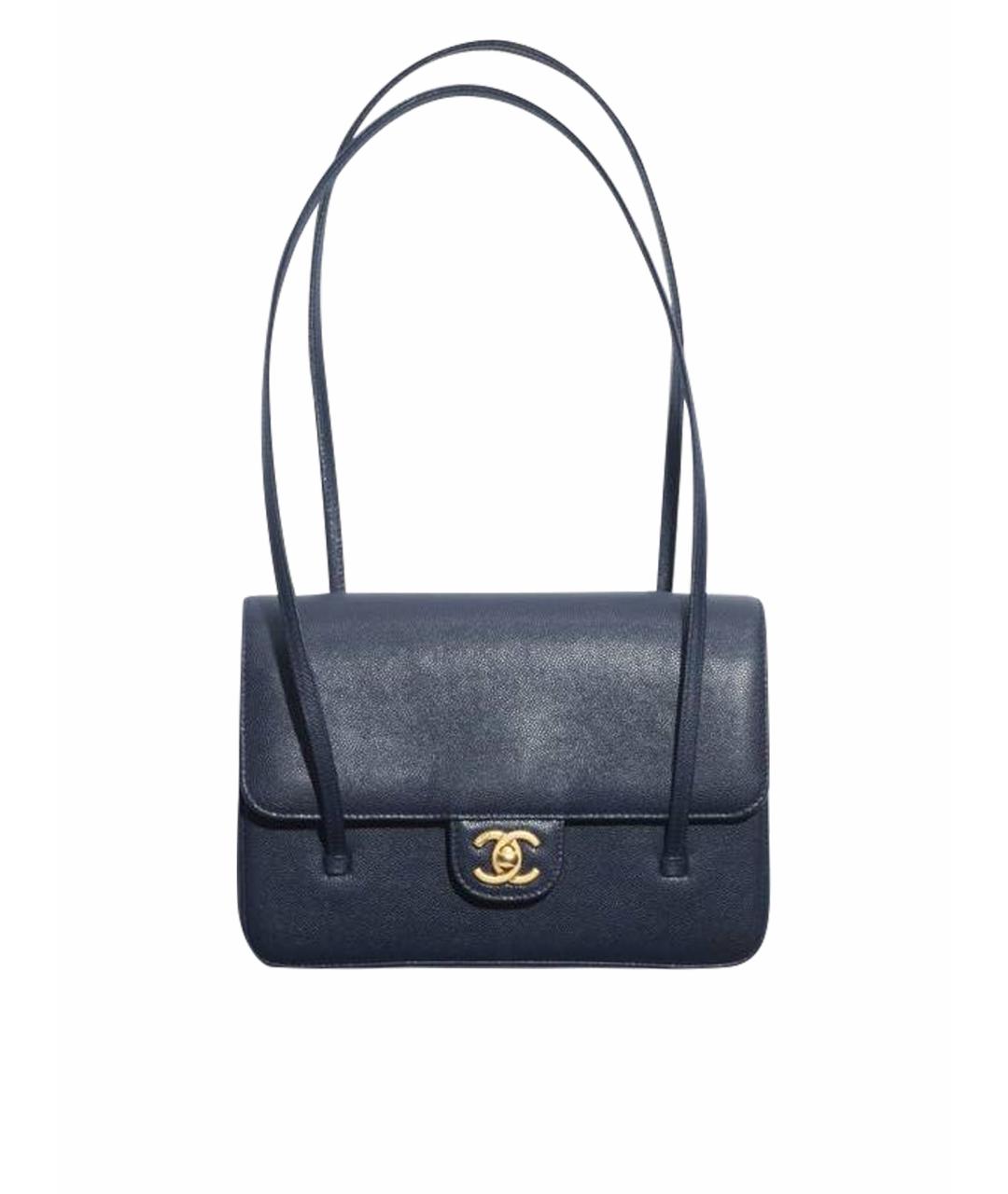 CHANEL Темно-синяя кожаная сумка с короткими ручками, фото 1