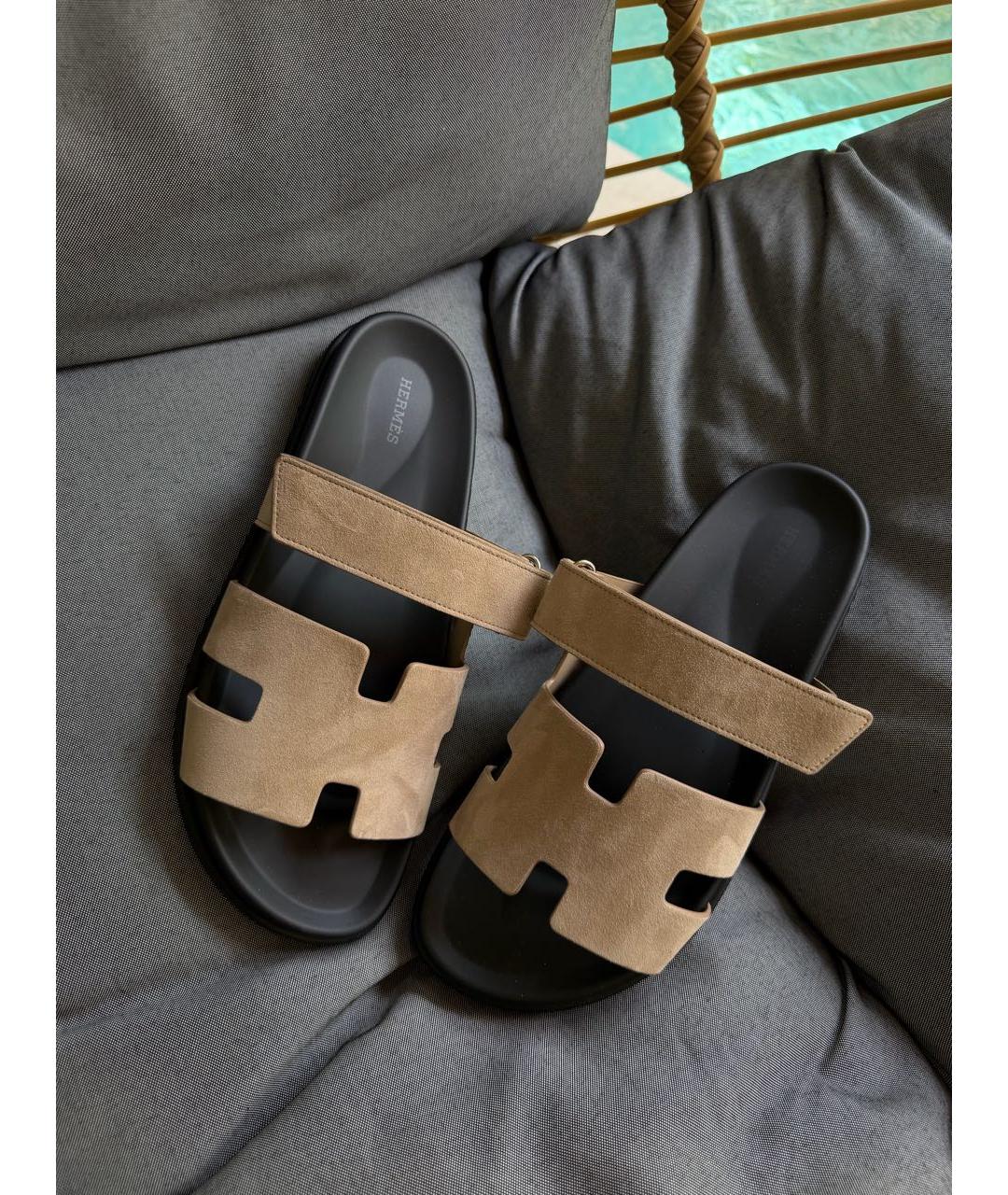 HERMES Бежевые замшевые шлепанцы, фото 6