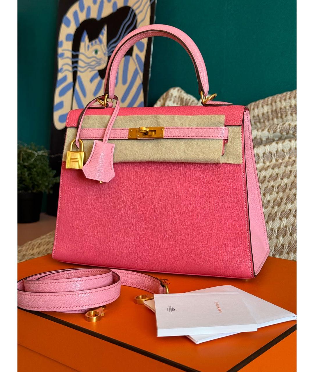 HERMES Розовая кожаная сумка с короткими ручками, фото 2