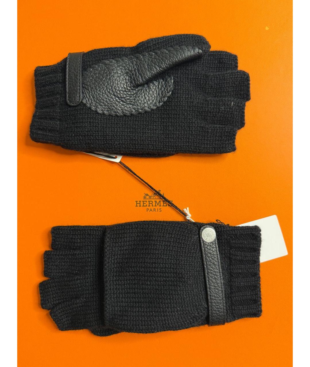 HERMES Черные кашемировые варежки, фото 4