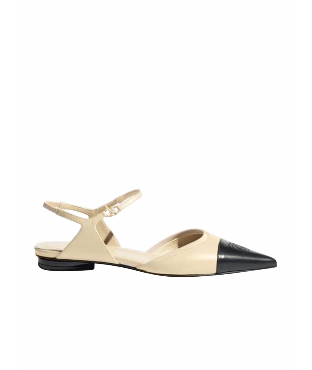 CHANEL Бежевые кожаные лодочки на низком каблуке, фото 1