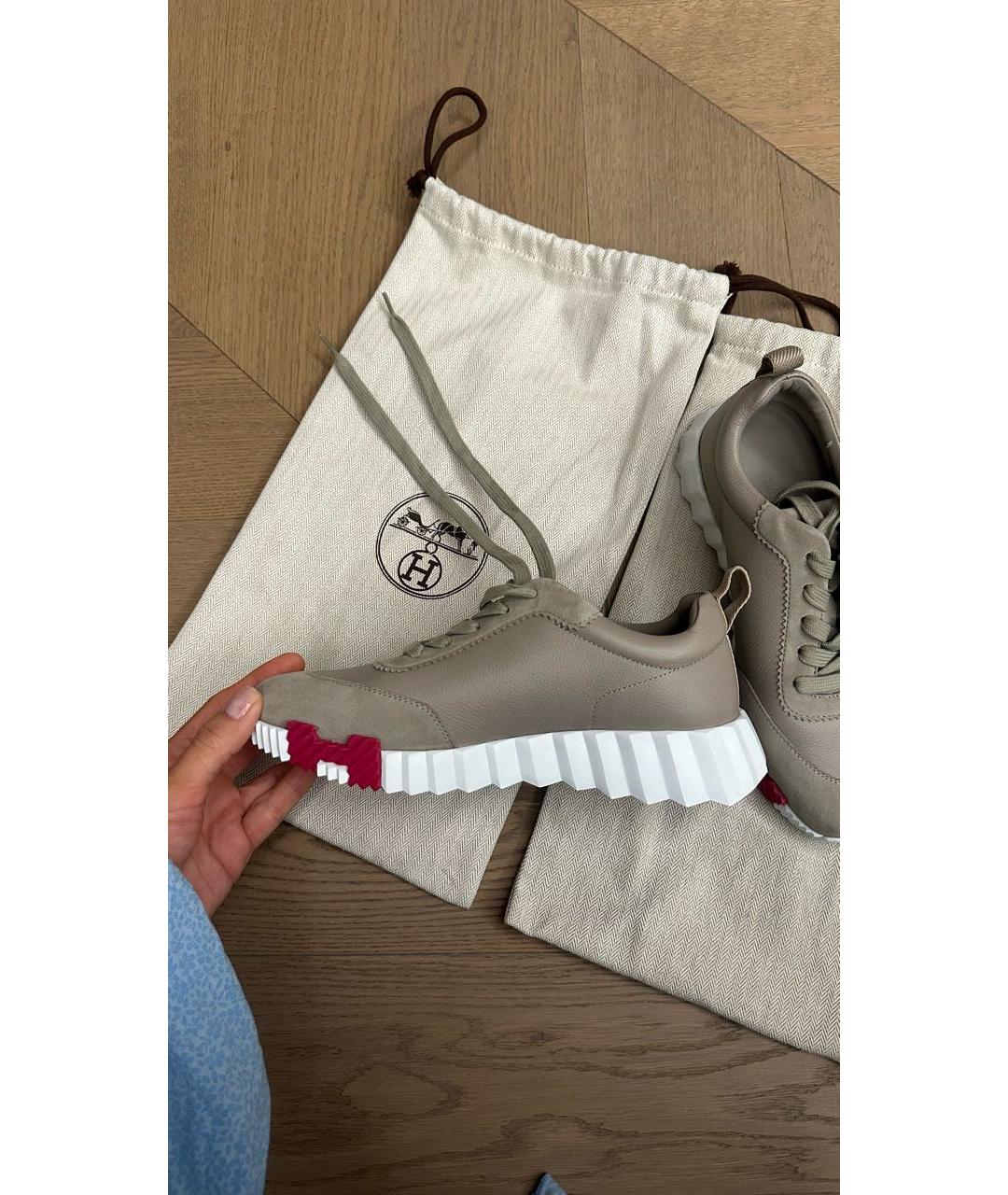 HERMES Бежевые кожаные кеды, фото 3