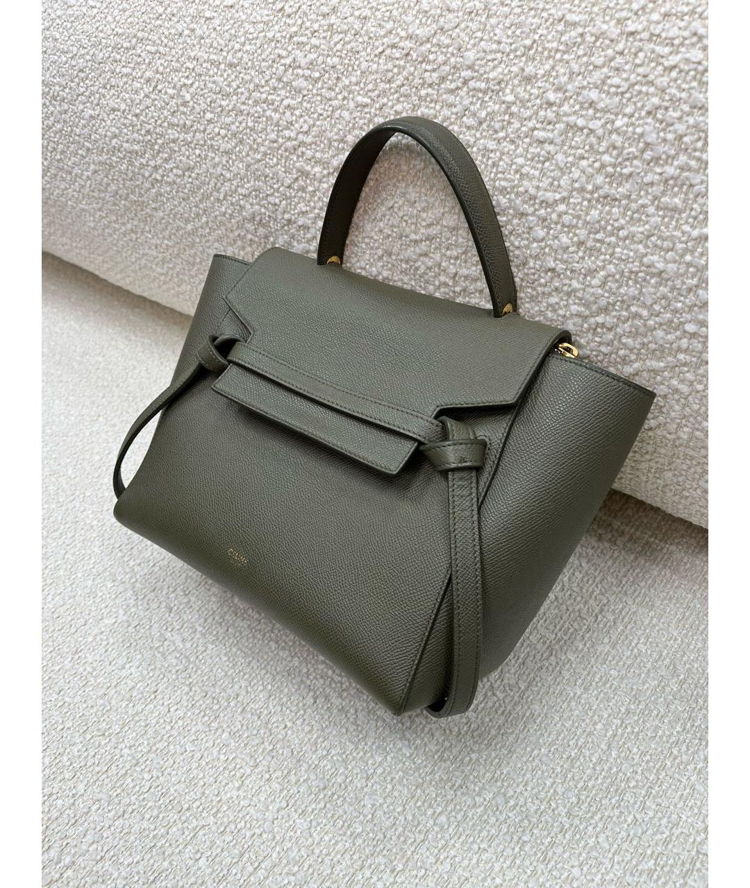CELINE Хаки кожаная сумка с короткими ручками, фото 5