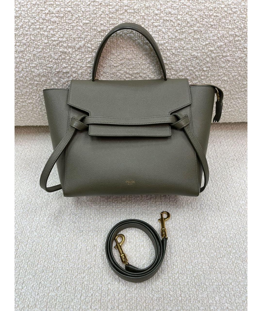 CELINE Хаки кожаная сумка с короткими ручками, фото 6