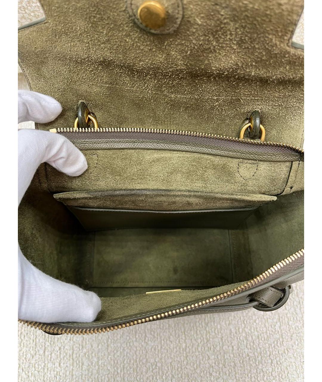 CELINE Хаки кожаная сумка с короткими ручками, фото 4