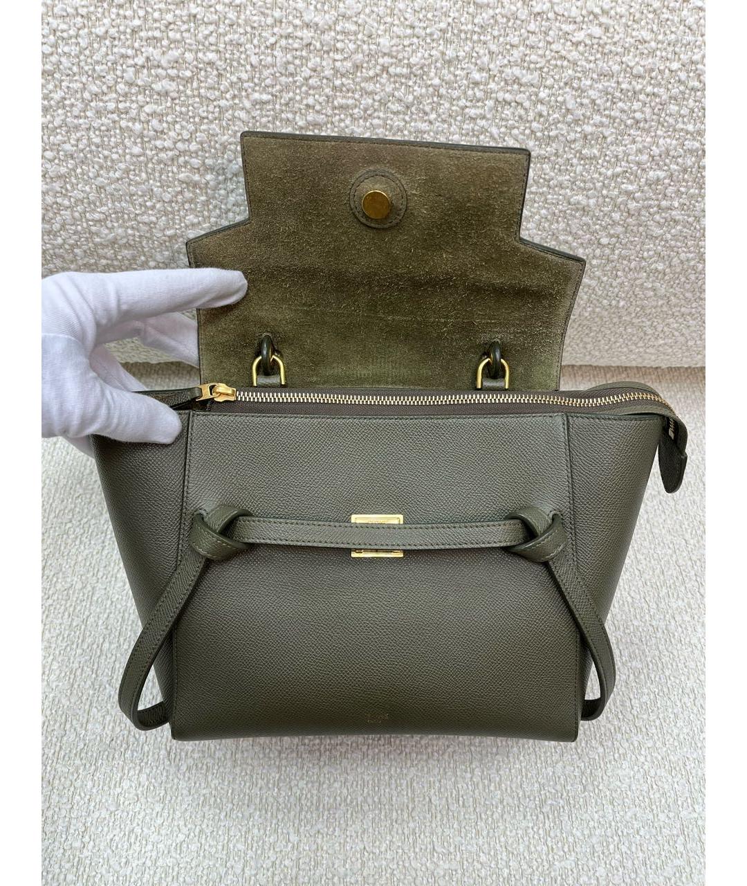 CELINE Хаки кожаная сумка с короткими ручками, фото 7