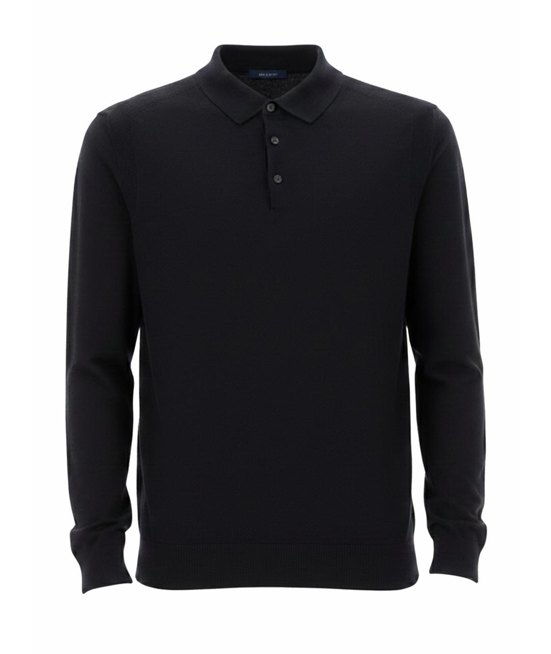 HUGO BOSS Синее хлопко-шерстяное поло с длинным рукавом, фото 1