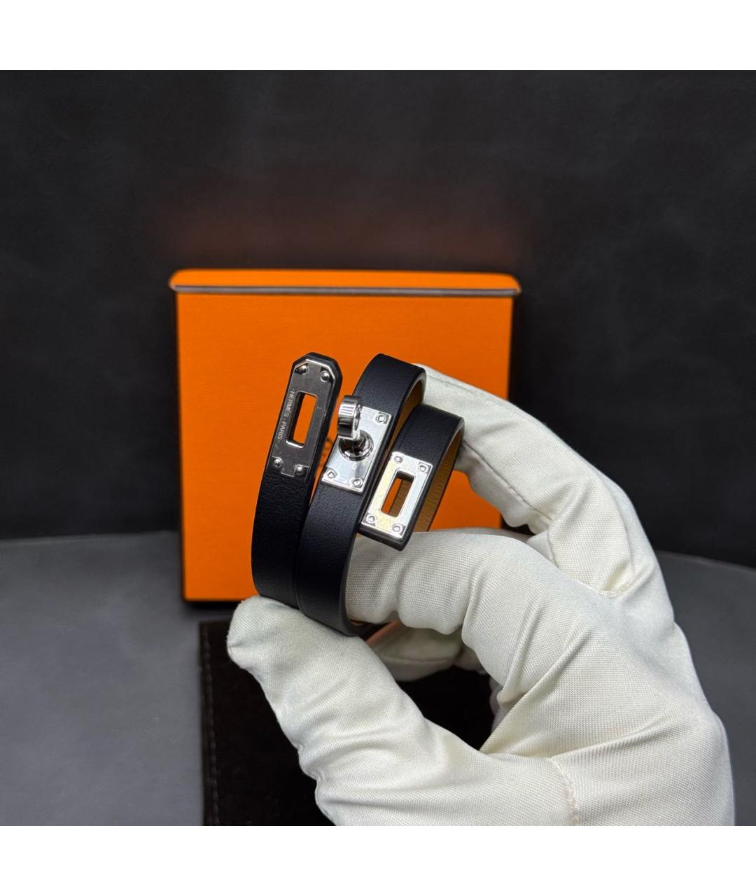 HERMES Черный кожаный браслет, фото 3