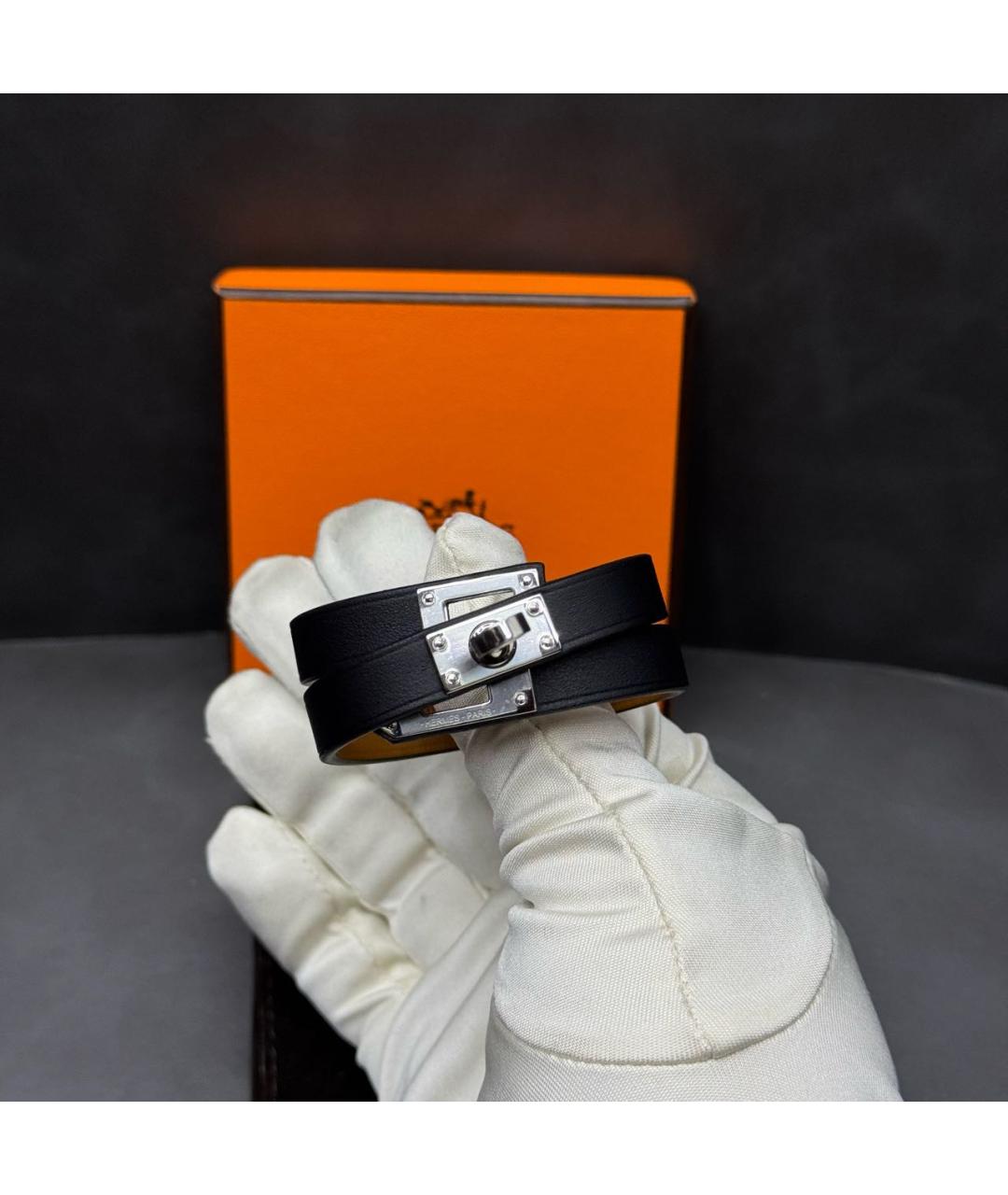 HERMES Черный кожаный браслет, фото 2