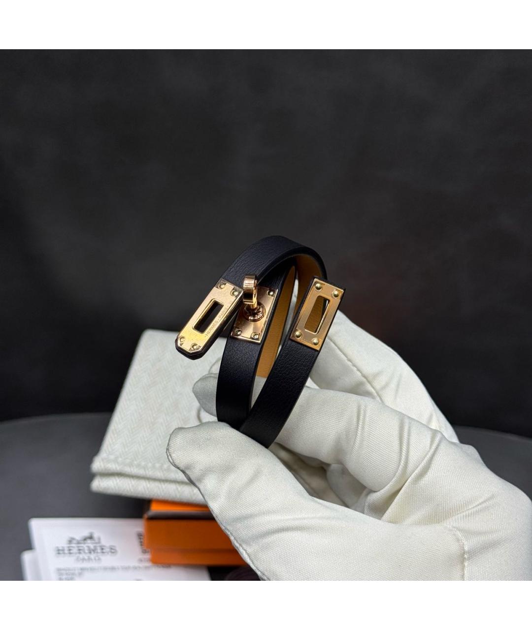 HERMES Черный кожаный браслет, фото 4