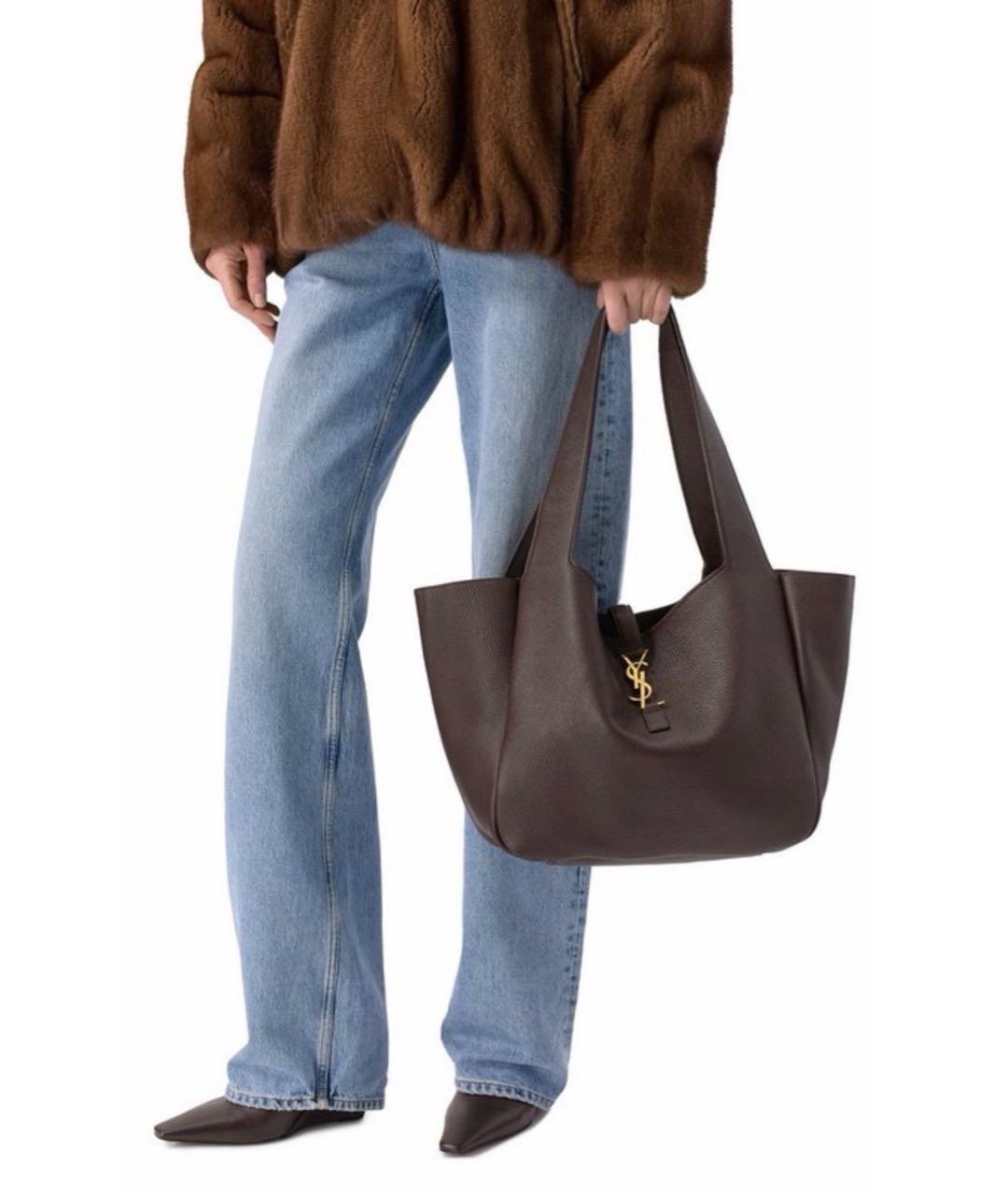 SAINT LAURENT Коричневая кожаная сумка тоут, фото 8