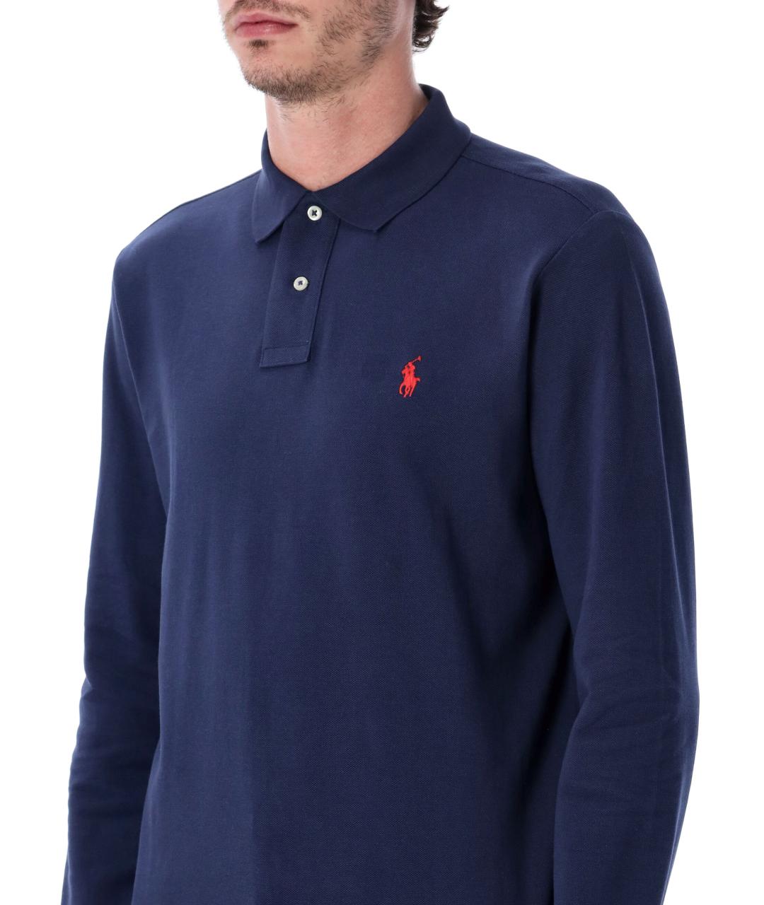 POLO RALPH LAUREN Темно-синее хлопковое поло с длинным рукавом, фото 3
