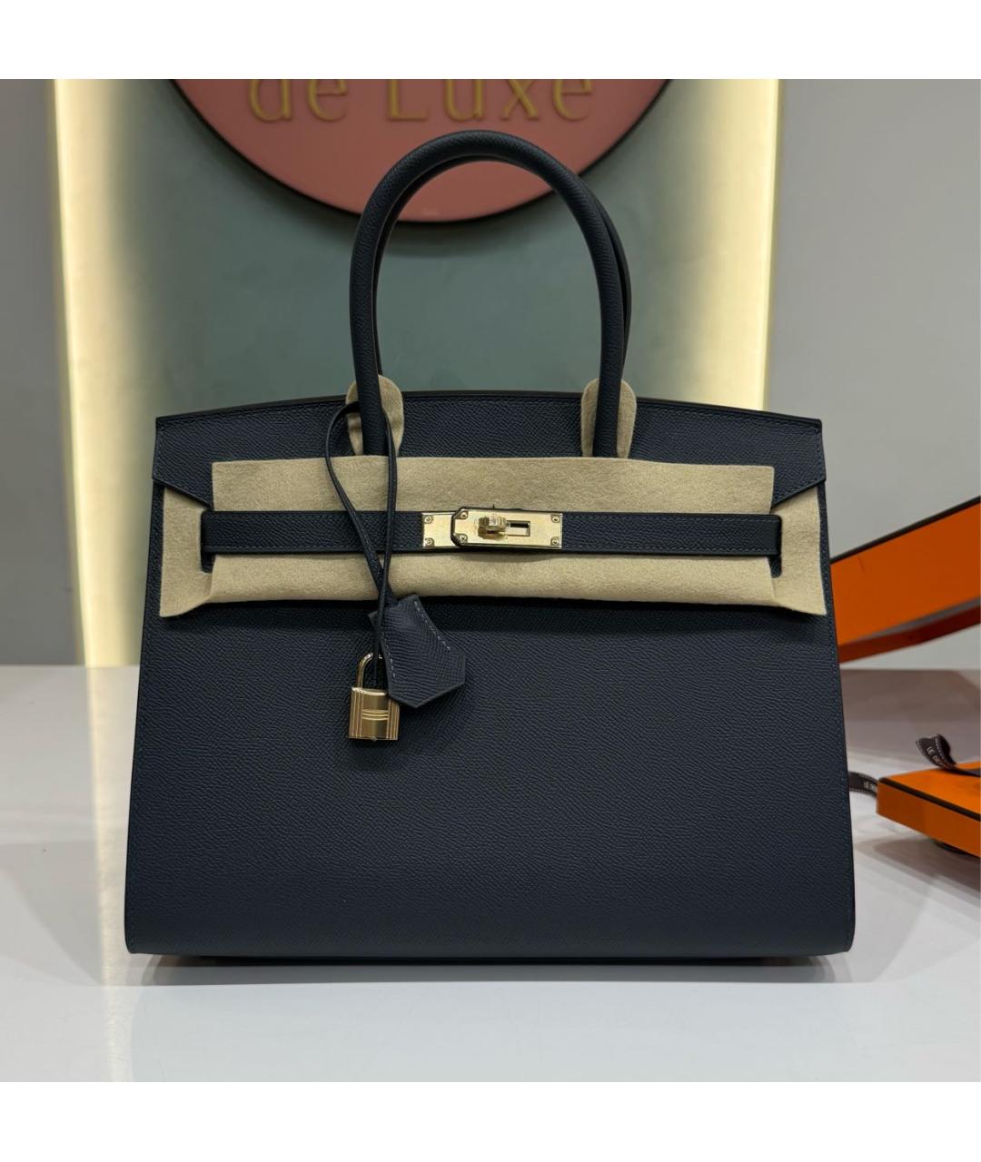 HERMES Темно-синяя кожаная сумка с короткими ручками, фото 8