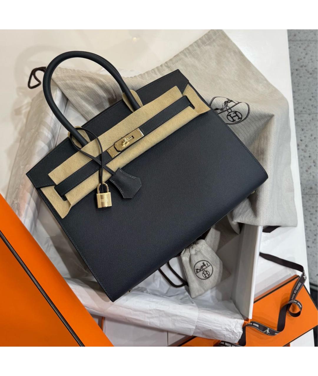 HERMES Темно-синяя кожаная сумка с короткими ручками, фото 4