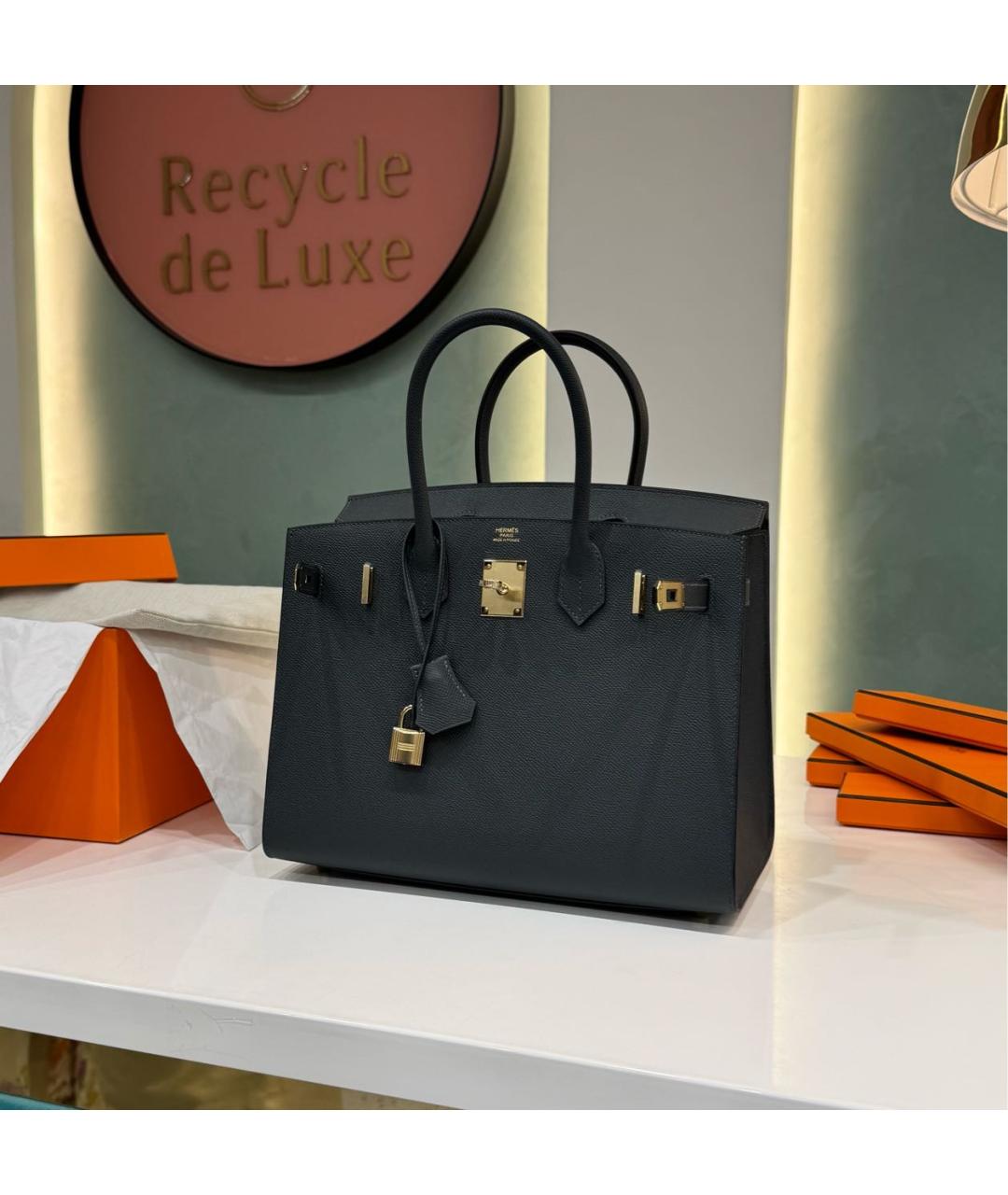 HERMES Темно-синяя кожаная сумка с короткими ручками, фото 6