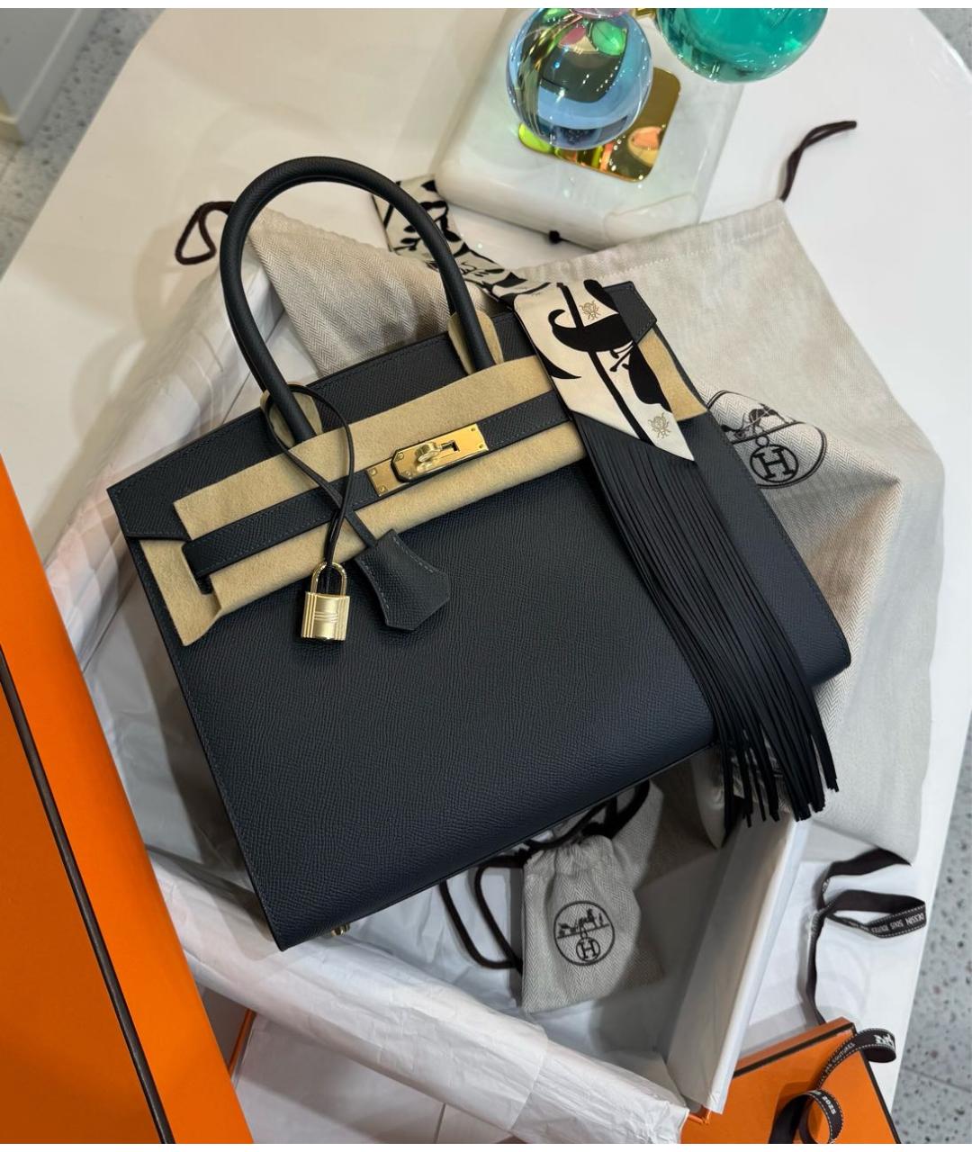 HERMES Темно-синяя кожаная сумка с короткими ручками, фото 7