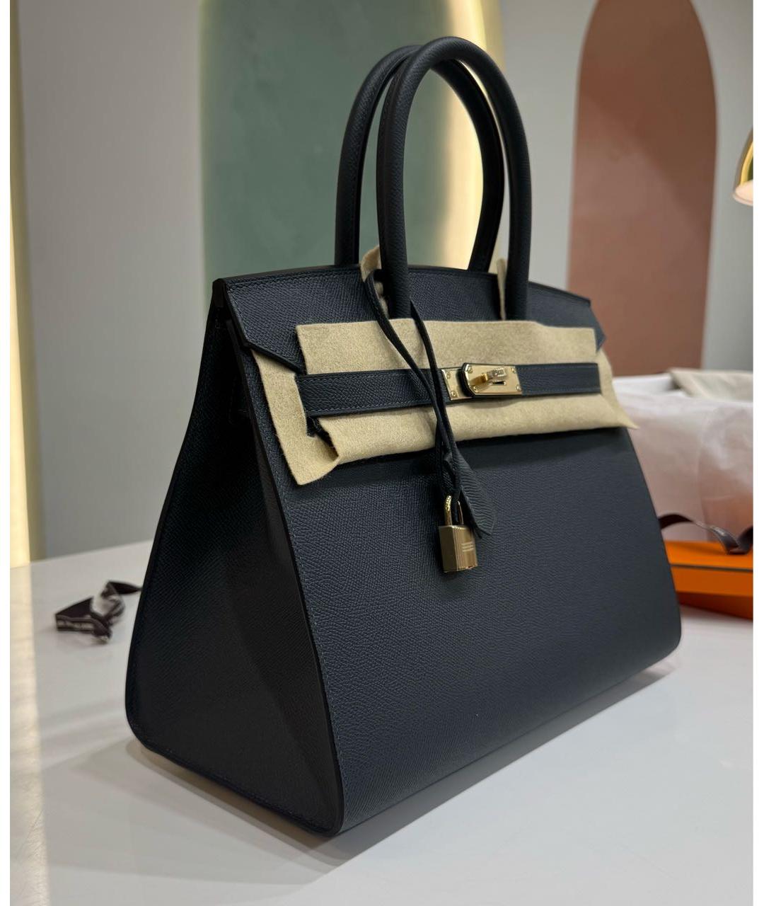 HERMES Темно-синяя кожаная сумка с короткими ручками, фото 2