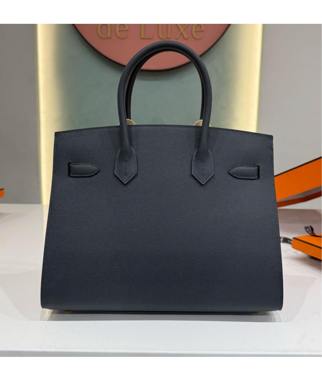 HERMES Темно-синяя кожаная сумка с короткими ручками, фото 3