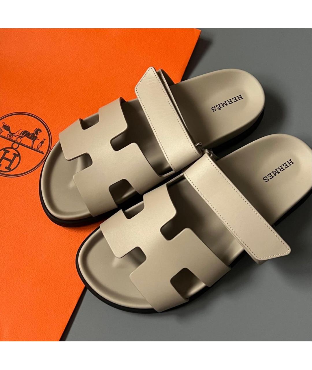HERMES Бежевые кожаные шлепанцы, фото 3