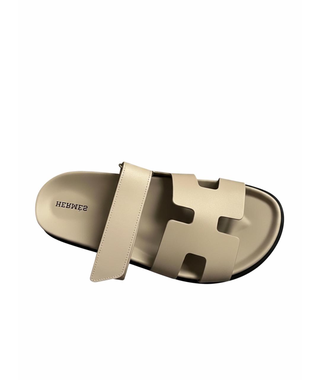 HERMES Бежевые кожаные шлепанцы, фото 1