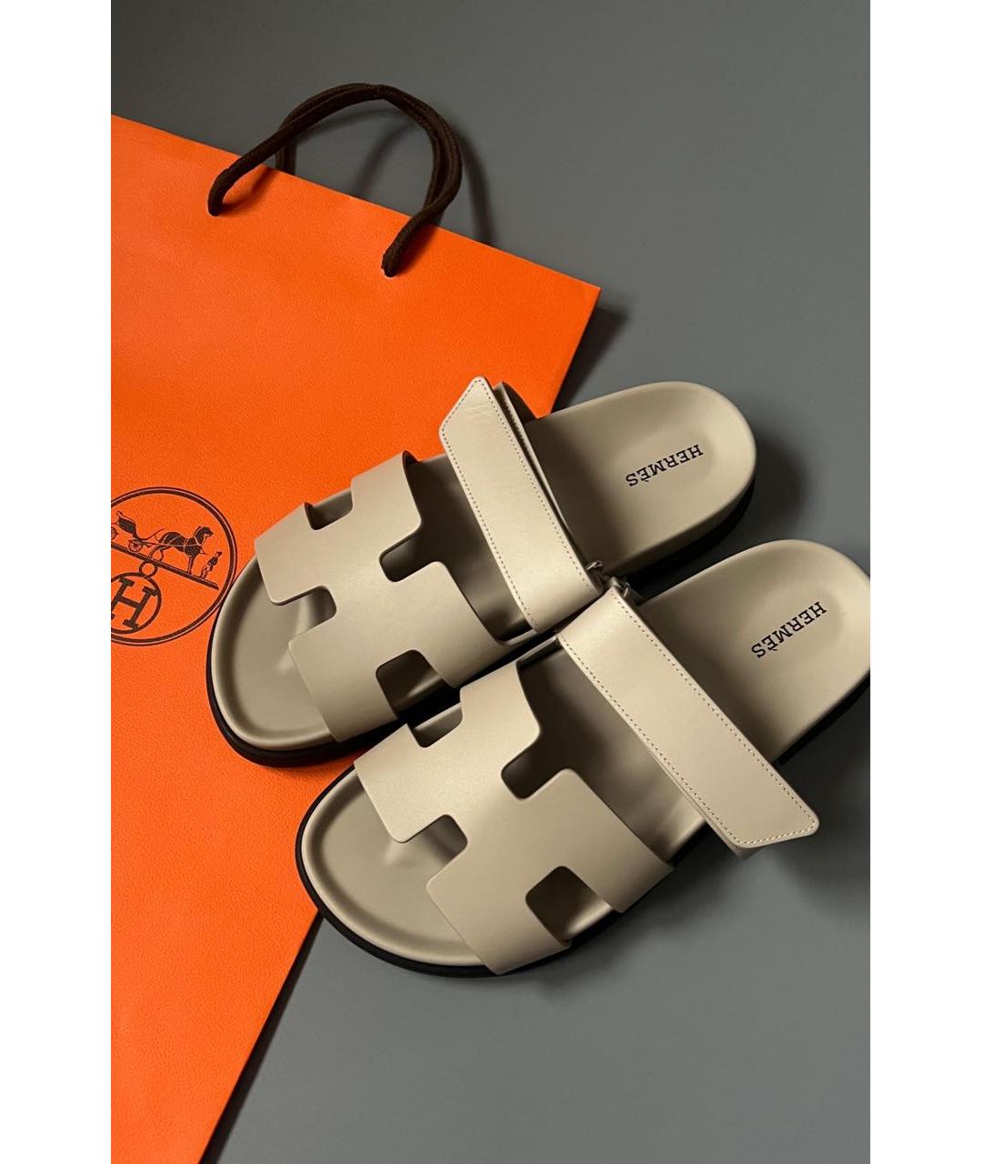 HERMES Бежевые кожаные шлепанцы, фото 2