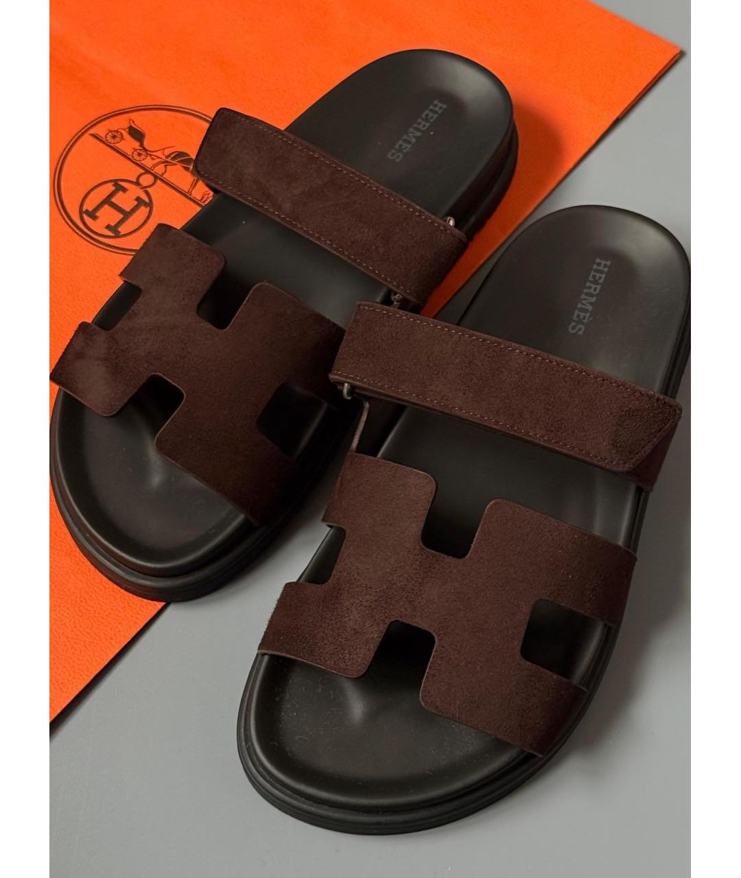 HERMES Коричневые замшевые шлепанцы, фото 2