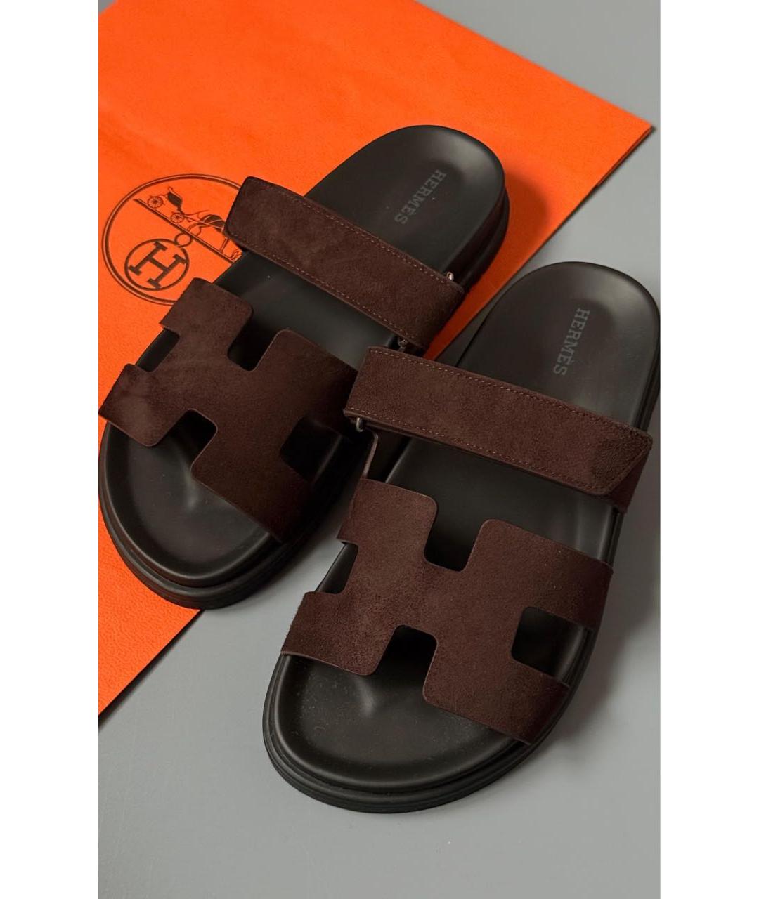 HERMES Коричневые замшевые шлепанцы, фото 3
