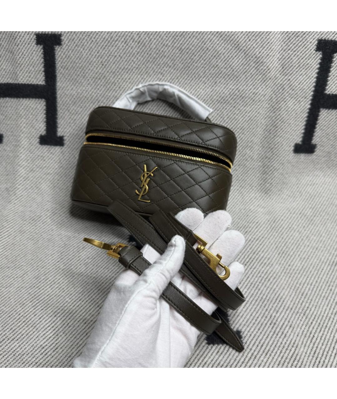 SAINT LAURENT Хаки кожаная сумка с короткими ручками, фото 4