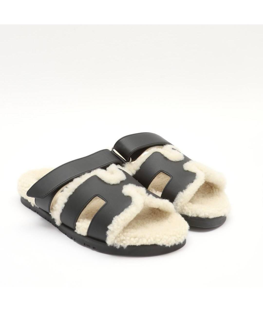 HERMES Черные кожаные шлепанцы, фото 2