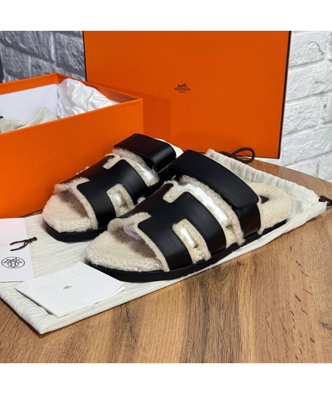 HERMES Черные кожаные шлепанцы, фото 3