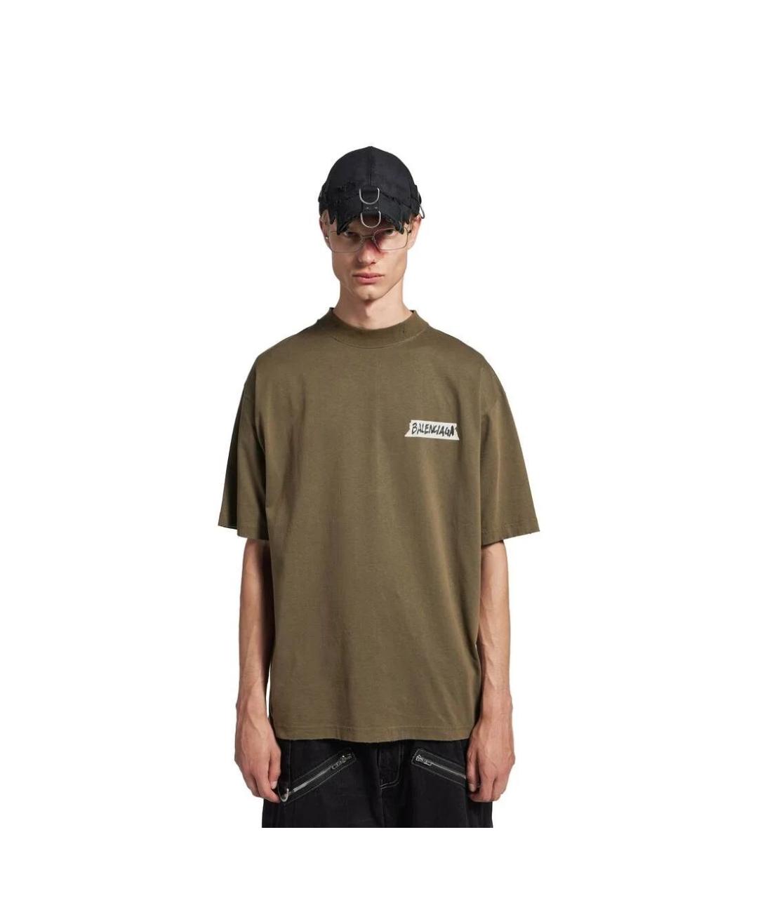 BALENCIAGA Хаки хлопковая футболка, фото 4